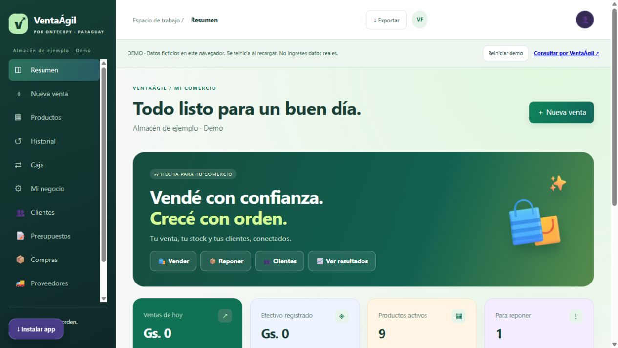 Vista de VentaÁgil con productos, ventas y caja; datos de ejemplo
